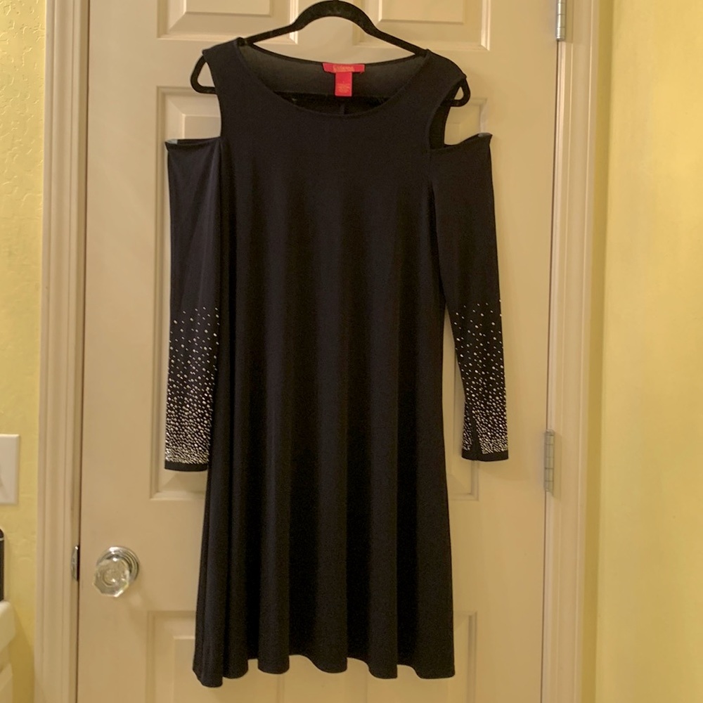 Catherine Andrino midi navy blue long sleeve shoulder cut outs